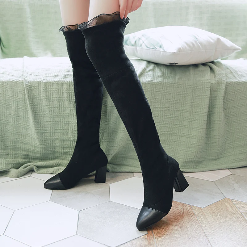 Thigh-high Ruffles Patch-work Over Knee Boots For Women 2020 Autumn/Winter New Women's Shoe Chunky Heel Stretch Boot