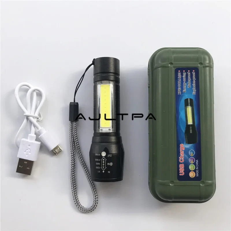 100 шт./лот USB зарядка мини портативный COB светодиодный фонарик с зумом уличный охотничий фонарь с батареей и кабелем