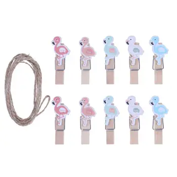 

10pcs Flamingo Wood Clip Set Creative Cute Photo Message Clip for Home Party Birthday (With 2m Hemp Rope)