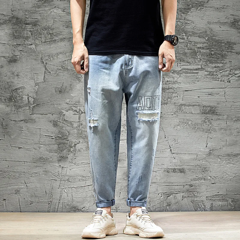 

Spring and Autumn Men Elasticity Jeans Casual Korean-style Trend Loose-Fit Beam Leg with Holes Harem Men's Capri Trousers