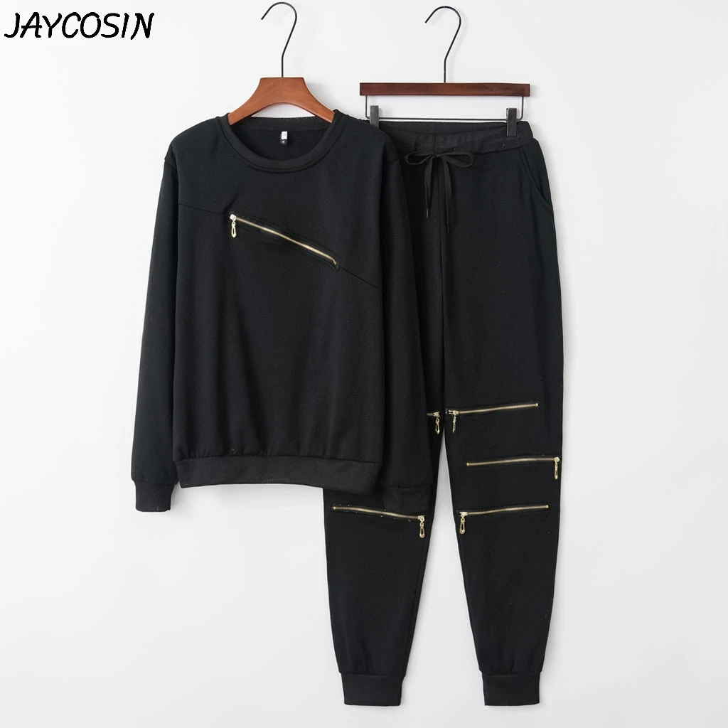 JAYCOSIN женский спортивный костюм, однотонный, длинный рукав, круглый вырез, на молнии, толстовка, топы, длинные штаны, комплект из 2 предметов, повседневный женский спортивный костюм