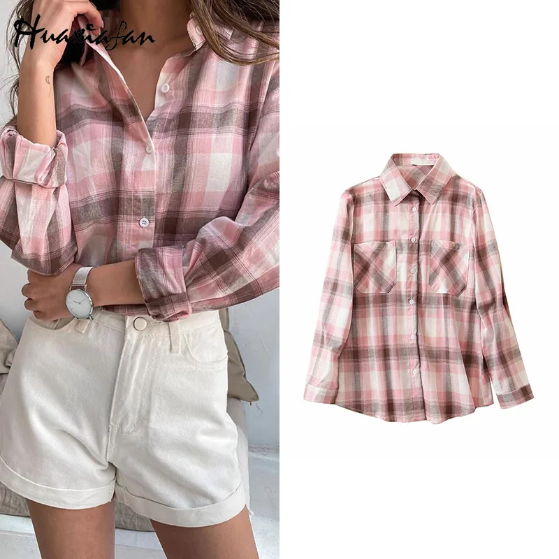 

Huaxiafan Shirt Vintage Blouse Women Shirts Plaid With Pockets Color Mixing Tops Loose Outwear Camisas Casual Blusas De Mujer