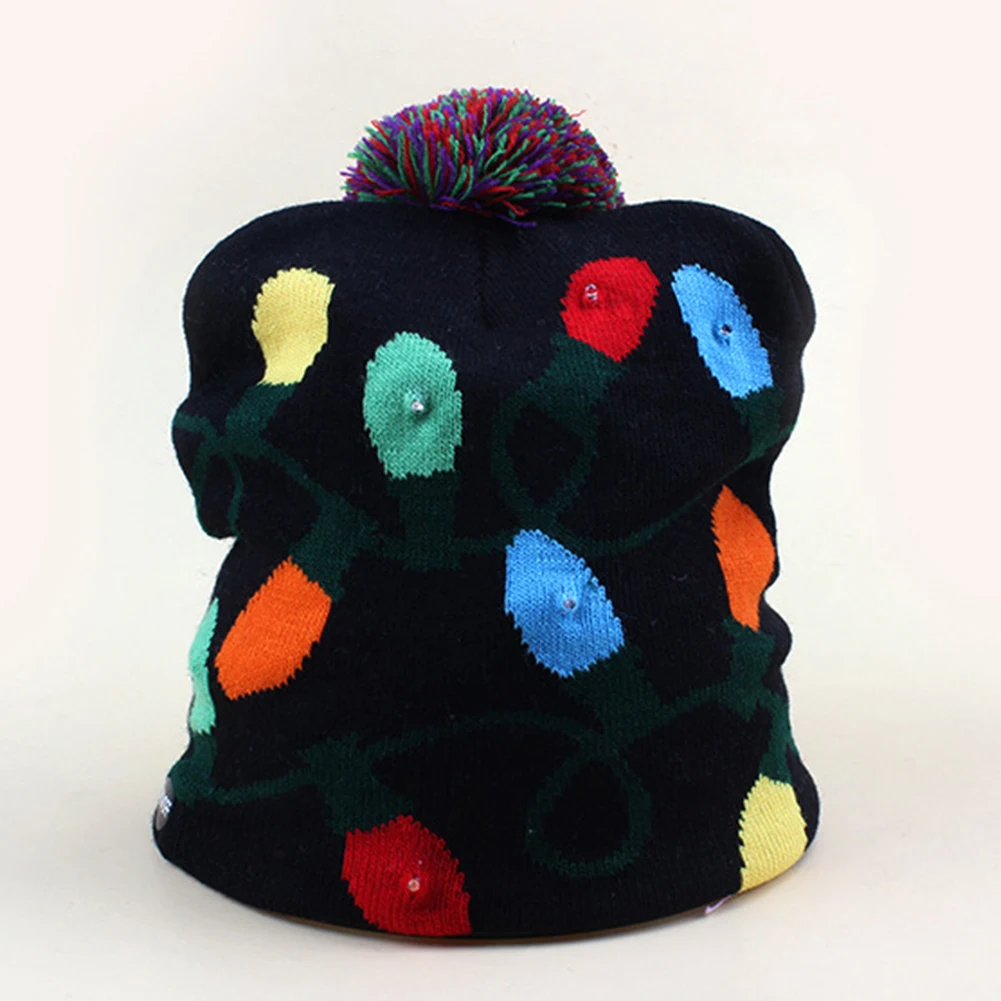 Christmas Tree Snowflake Kids Adult LED Knitted Pompom Ball Beanie Hat Party Cap