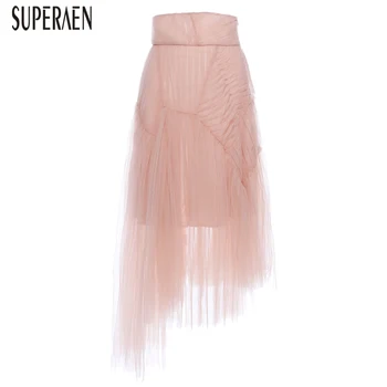 

SuperAen Irregular Europe Skirts Women Summer and Spring New 2020 Ladies Skirts Wild Mesh Perspective Skirts Female