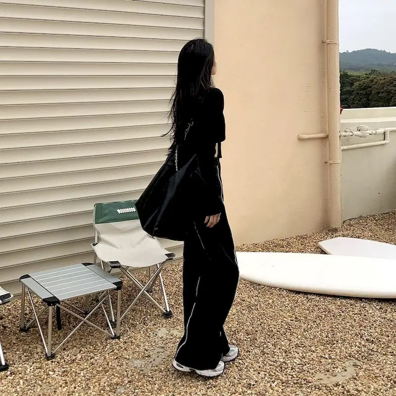 Women Wide-leg Pants Thin High-waist Vertical Line Female Trousers Straight-leg Sports Harajuku Casual Jeans Skateboard Loose
