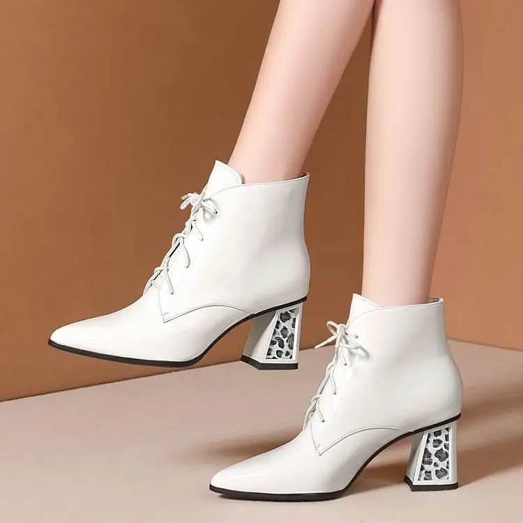 

Short boots female thick with paint Martin boots leather heel pointed boots head layer cowhide 6.5 cm