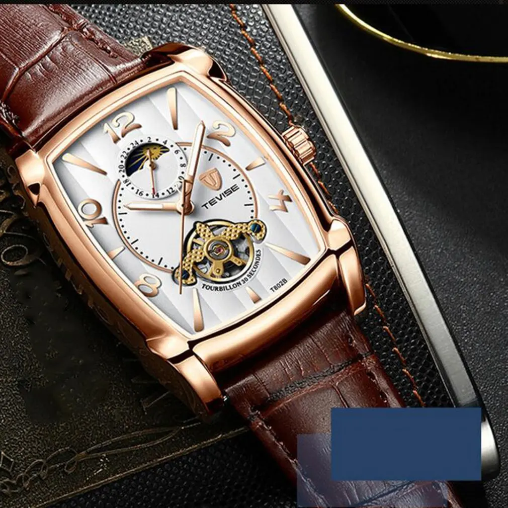 TEVISE T802B мужские часы модные механические деловые часы многофункциональные Мужские механические часы, кожа