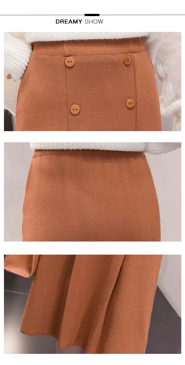 High Waist Stretch Knitted Skirt Women Elegant Double breasted Straight Long Skirts Female Autumn Winter Vintage Pleated Skirt