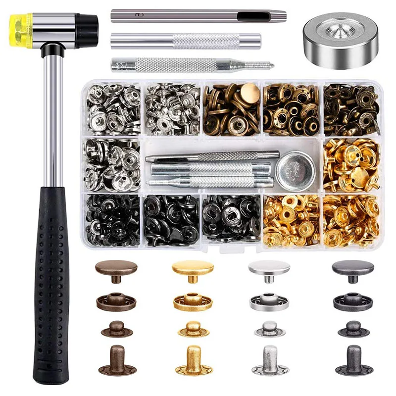 

120 Set Snap Fasteners Kit for Leather 12.5mm Metal Button Snaps Press Studs with 4 Setter Tools, 1 Hammer, 4 Color Leather Snap
