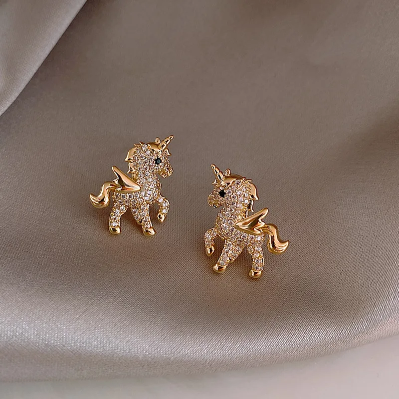 Cartoon Crystal Unicorn Earrings for Women Girls Fashion Earing Jewelry Horse Tiny Accessories Gift | Украшения и аксессуары