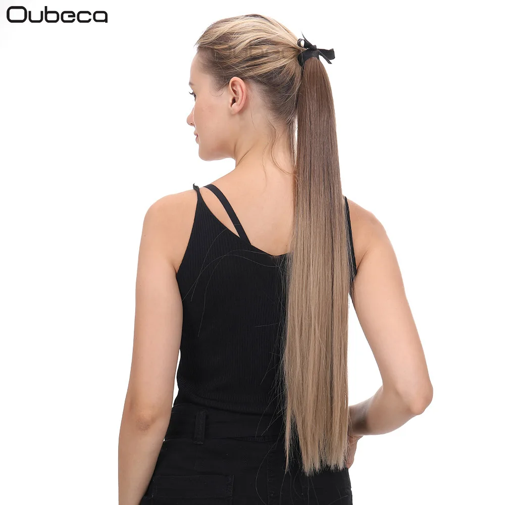 Oubeca, 22 дюйма, синтетические ломбер, конский хвост, прямые, длинные, два тона, лента, конский хвост, волосы для наращивания на заколках для женщин
