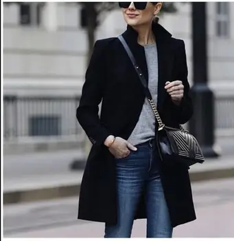 

Women Spring Autumn Woolen Coat And Jacket Mandarin Collar Solid Single Breasted Office Lady