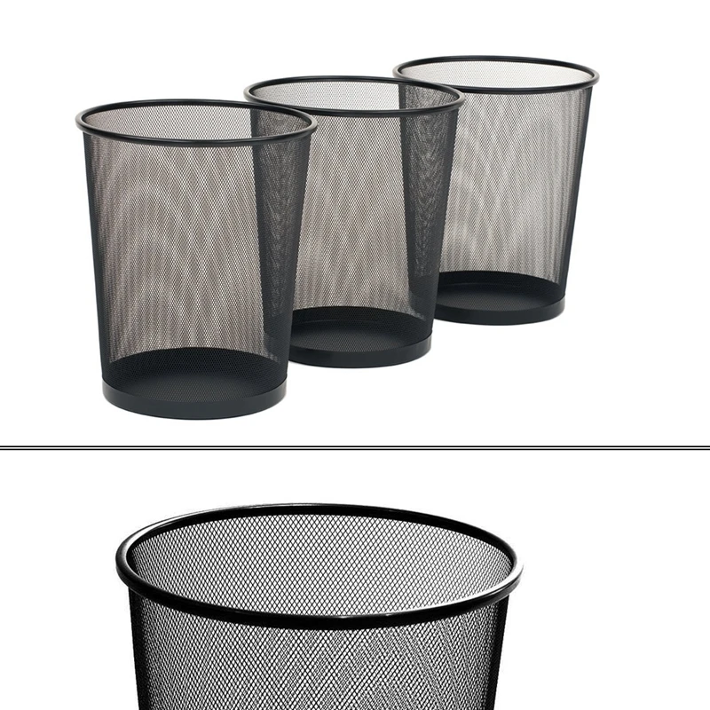 3-Pack Round Mesh Wastebasket Recycling Bin, 6 Gal, 12in Diameter Top x 14in H, Black