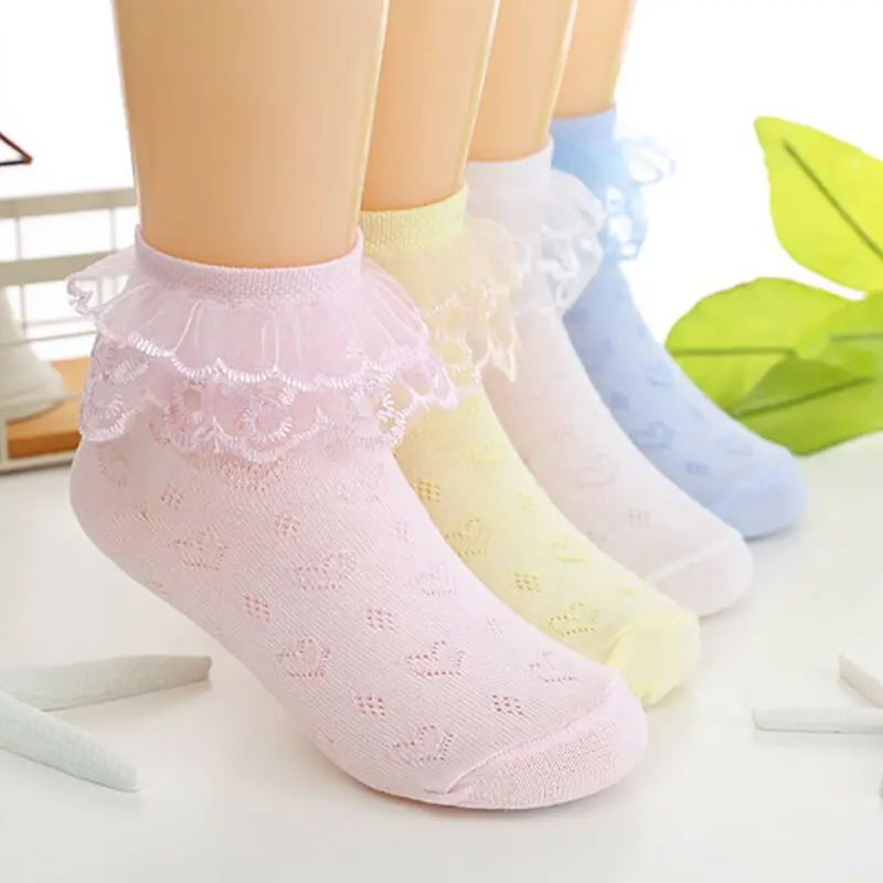 Дышащие хлопковые кружевные сетчатые носки принцессы с оборками Детские короткие носки до щиколотки белые, розовые, желтые, синие носки для маленьких девочек