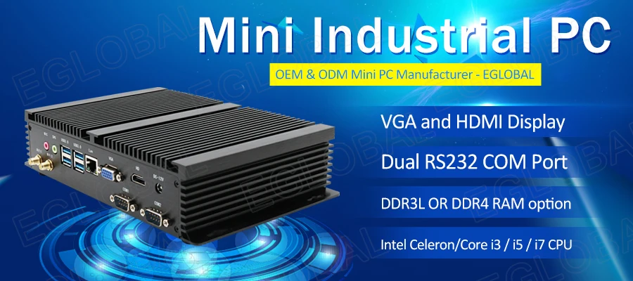Eglobal Industrial Fanless Mini PC with I5 6300U, I7 10510U, Windows 7/8/10, VPN Router, VGA, HDMI, 4G, WiFi, BT Description Image.