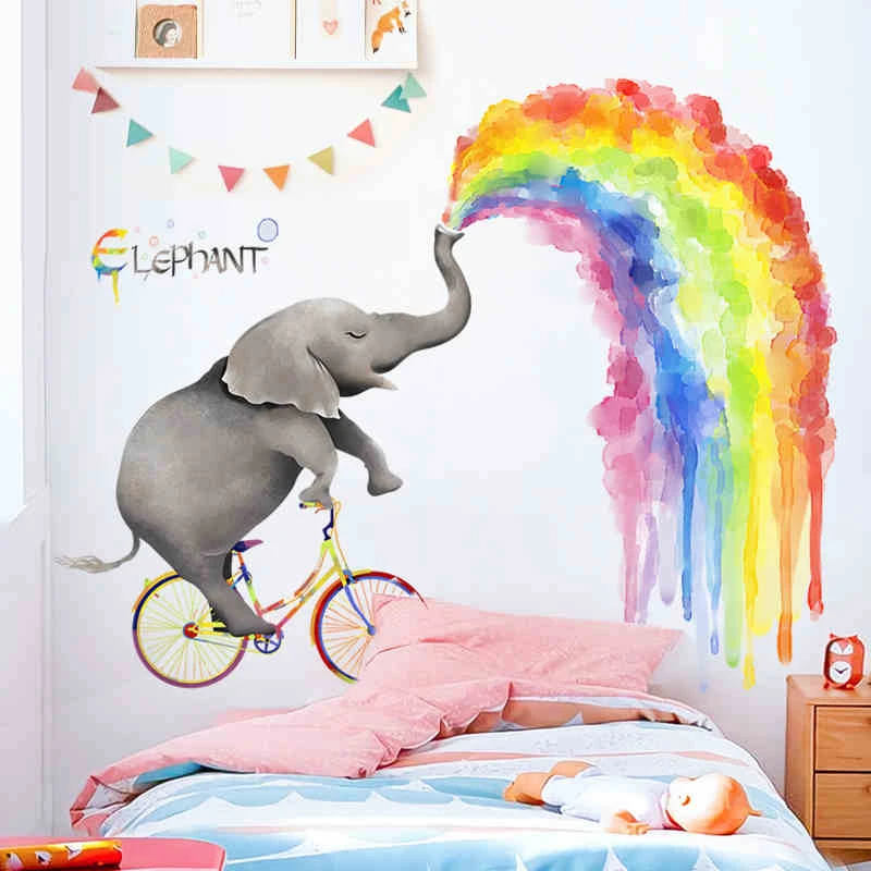 Autocollant Mural En Forme D Elephant Arc En Ciel Grand Animal Decoration De Chambre D Enfant Affiche Stickers Muraux Image Murale Art Aliexpress
