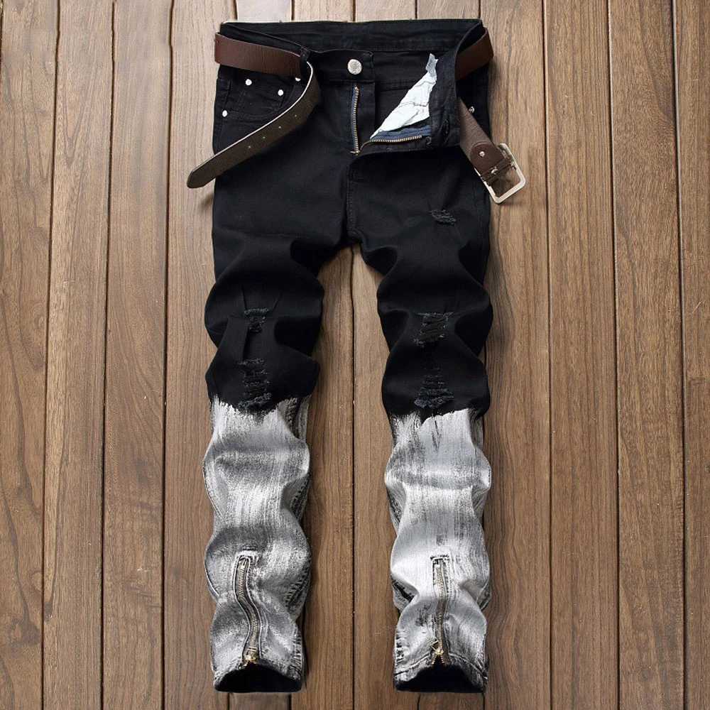 

2019 Black White Jean Male Trousers Arrival Jeans For Men Straight Ripped Jeans Zipper Fly Denim Jean Fashion Designer Pants