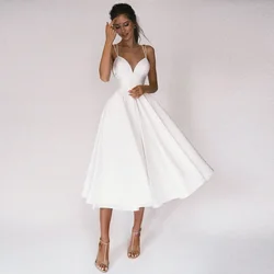 Pukguro Sexy Short Wedding Dress Simple V Neck Satin Bridal Gowns Ankle Length Backless Formal Party Dress Vestidos De Noiva