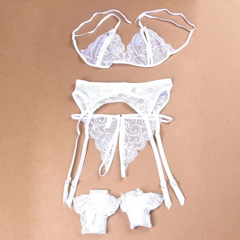 New 4 Pcs Set Women Sexy Underwear Lingerie Hot Erotic Open Bra Crotch Lace Costumes With Bow Garter Belt Fishnet_voghion.com