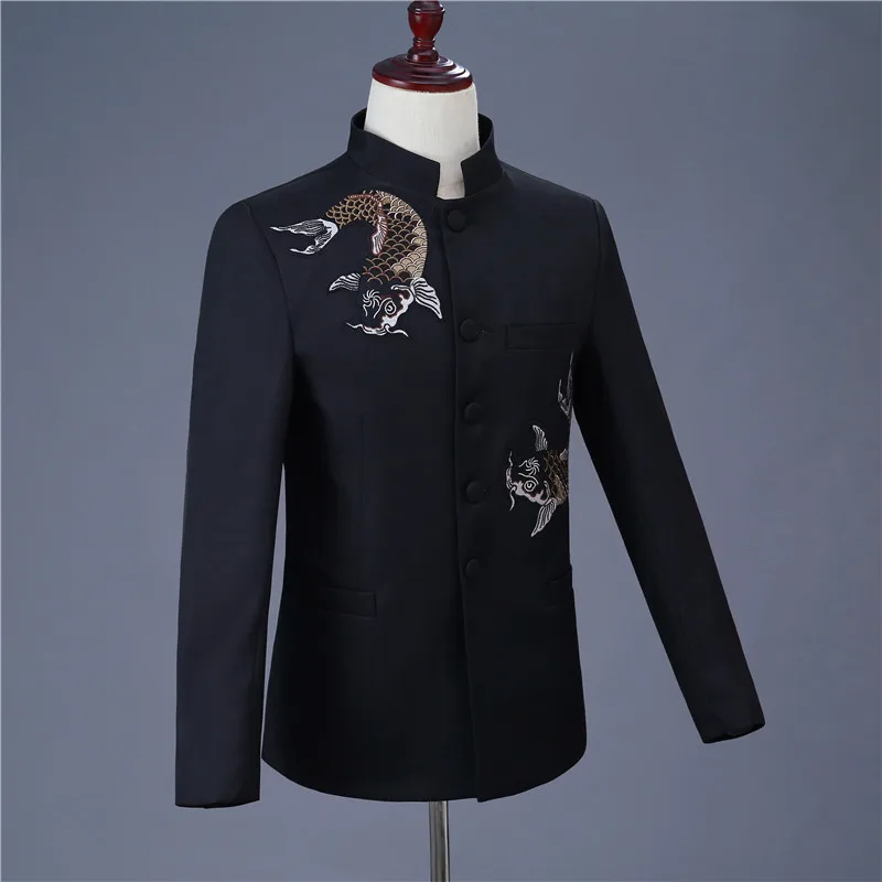 Bird and fish print men's chinese style suit set(jacket+pant) slim stand-up collar black classic business Chinese tunic suit