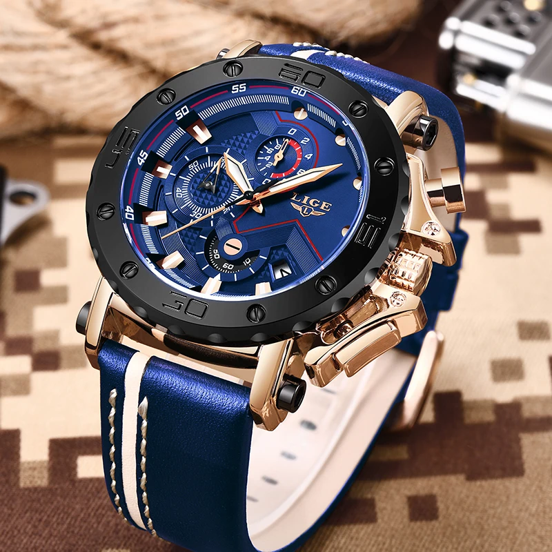 2019 New LIGE Mens Watches Top Brand Luxury Big Dial Military Quartz Watch Casual Leather Waterproof Sport Chronograph Watch Men