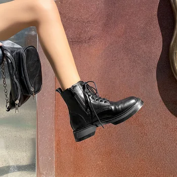 

MORDOAN Genuine Cow Leather Martin Boots Thick-soled Short Boots British Style lace-up Round Toe Flat ankle boots