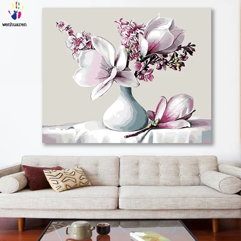 

DIY colorings pictures by numbers with colors Powder magnolia Flower arrangement picture drawing painting by numbers framed Home