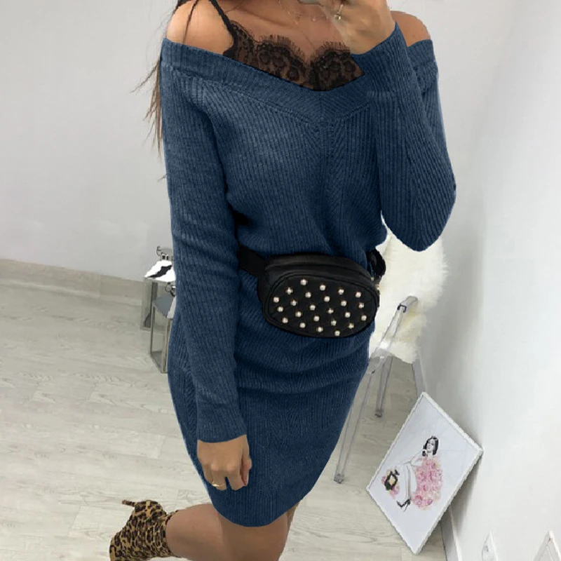 5XL женское кружевное вязаное платье с двойным v-образным вырезом из кусков зима осень длинный рукав Однотонный свитер платье женское тонкое облегающее платье