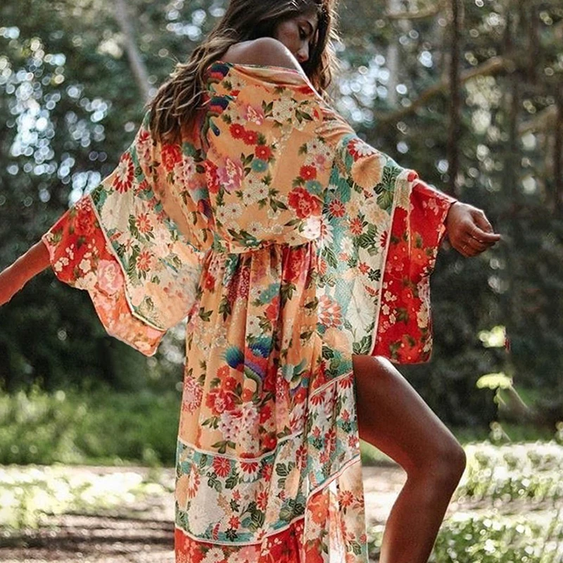 Женское шифоновое платье-кардиган Boho повседневное красное пляжное с цветочным