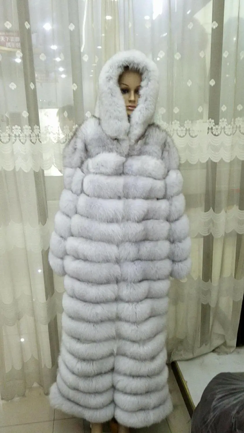 130cm long hood Роскошная Шуба из натурального Лисьего меха, теплая плотная женская верхняя одежда из лисьего меха, модное меховое пальто из натурального Лисьего меха, Женское пальто с капюшоном, куртки - Цвет: 130cm long hood
