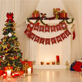 

Merry Christmas Banner With Two Decoration For Fireplace Wall Tree Flags - Buffalo Snowflake Plaid Banner Christmas Decorations