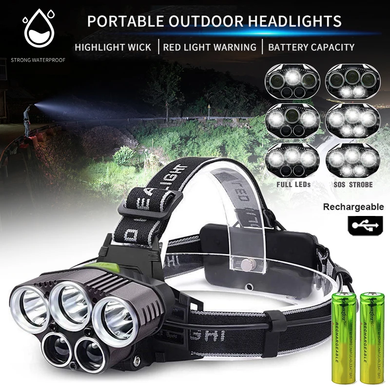 Super Bright Camping Fishing Head Torch Headlight LED USB Rechargeable HeadLamp 