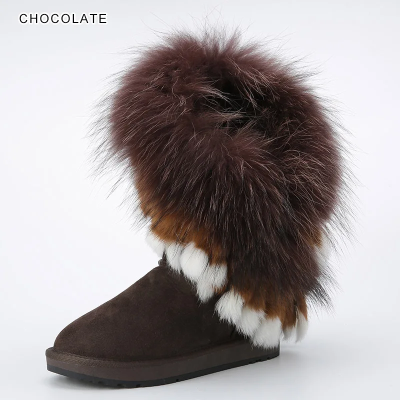 8688N Chocolate INOE/Модные женские зимние сапоги из коровьей замши с натуральным лисьим мехом; зимние сапоги высокого качества; распродажа; Большие скидки; песочный цвет - Цвет: 8688N Chocolate