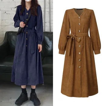 

Women's Corduroy Shirt Dress ZANZEA 2020 Fashion Spring Sundress Long Sleeve Maxi Vestidos Belted Female Casual Robe Oversized
