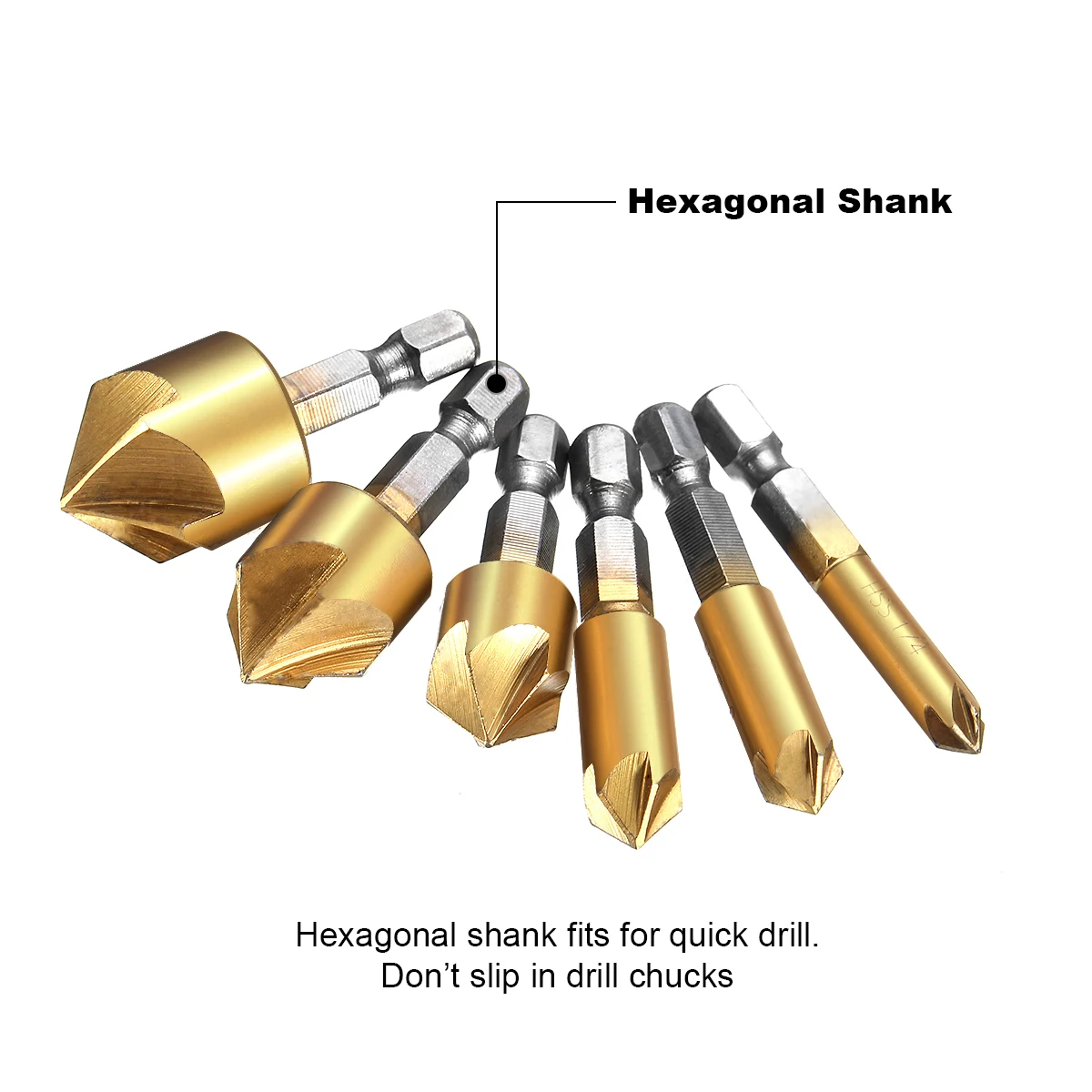 Drillpro 6pcs 6-19mm Countersink Drill Bit 5 Flutes Hex Shank Titanium Coated Chamfer Cutter Set