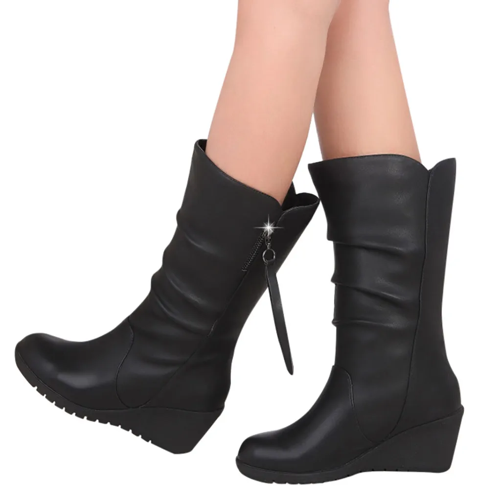 JACOSIN New Fashion Woman Long Boots Female Winter High Quality Pu leather Wedges Boot Ladies Rounded Toe Tessel Calf High Boots