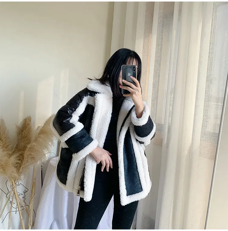 Черный пуховик Зимний женский корейский мех ягненка комбинированный мех цельное пальто Модная одежда