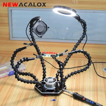 

NEWACALOX Soldering PCB Board Holder Helping Hands USB 3X LED Magnifier Welding Smoking Fan Third Hand Tool Soldering Stand