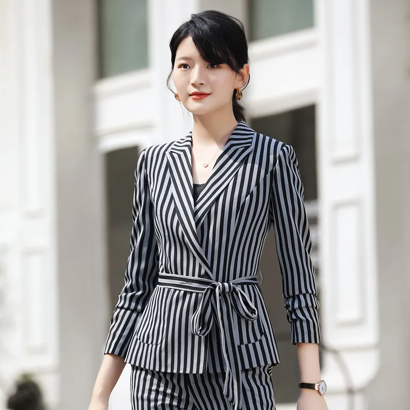 Black strped blazer Dushicolorful Женский блейзер с поясом зубчатый длинный рукав корейская мода полосатая Женская куртка осенний Женский Повседневный костюм верхняя одежда - Цвет: Black strped blazer