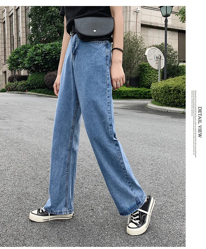Женские джинсы, полная длина, высокая талия, карман, одноцветные, джинсовые, элегантные, широкие, брюки для женщин, подходят ко всему, Harajuku, корейский стиль, повседневные