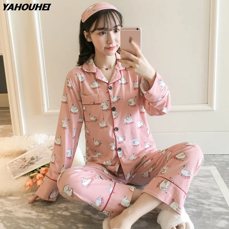 

2019 Autumn Winter 100% Cotton Striped Pajama Sets for Women Long Sleeve Print Pyjama Pijama Mujer Lounge Homewear Home Clothing