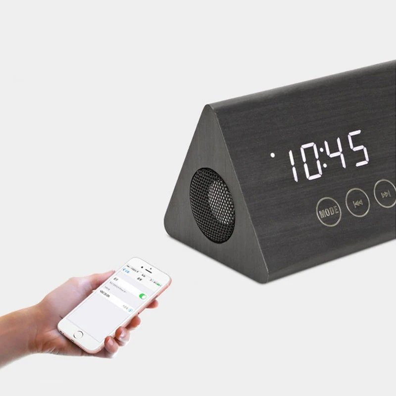 Деревянный Будильник с bluetooth-динамиком, голосовое управление, светодиодный, креативные цифровые часы, деревянный дисплей времени, температура и влажность