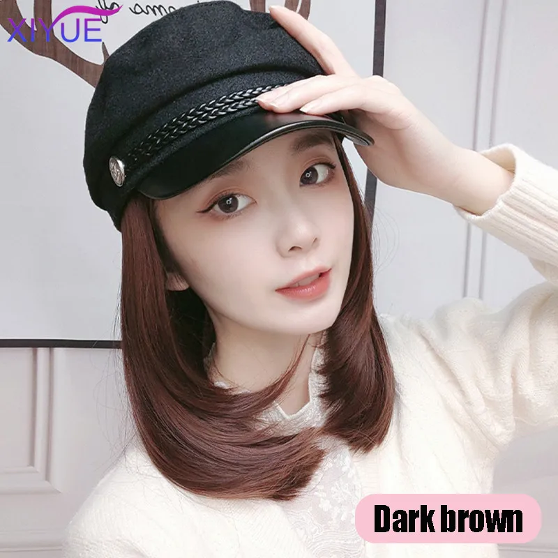 XIYUE Navy Hat With Hair Long Straight Fake Hair Hat Wig Synthetic Hair Extensions Hat With Hair Natural Hairpiece For Women