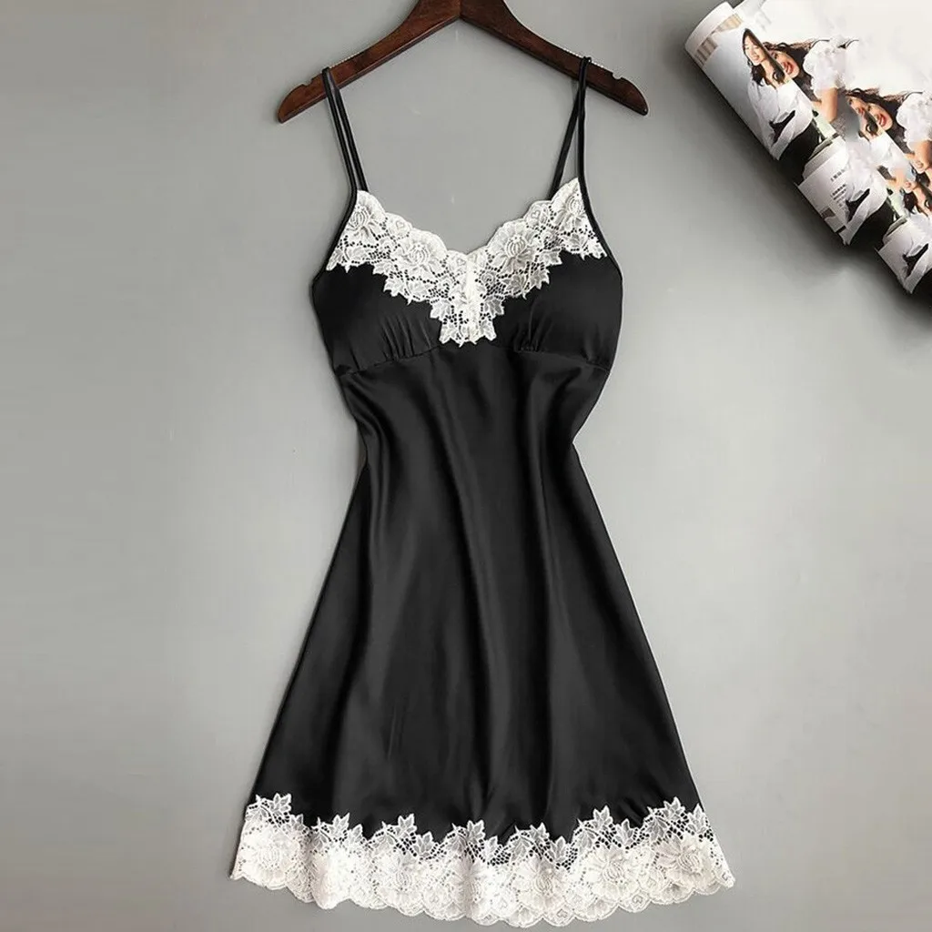 Black Женское нижнее белье, ночное белье, женские сексуальные пижамы больших размеров с v-образным вырезом, ночная рубашка, нижнее белье с накладками на груди - Цвет: Black