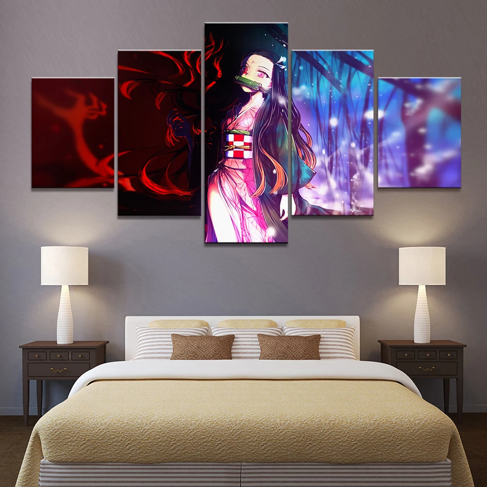 

Canvas Painting Pictures Print 5 Panel Anime Girl Kamado Nezuko Demon Slayer Kimetsu No Yaiba Wall Art Home Decor Modular Poster