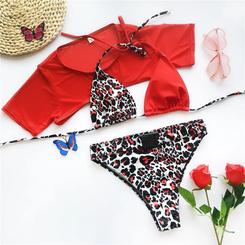 Female Swimsuit Sexy Zebra Printed Bikini Three-pieces Bikini Set Women Swimwear Bather Bathing Suit Swim Wear Lady - Цвет: MJ 2008 red