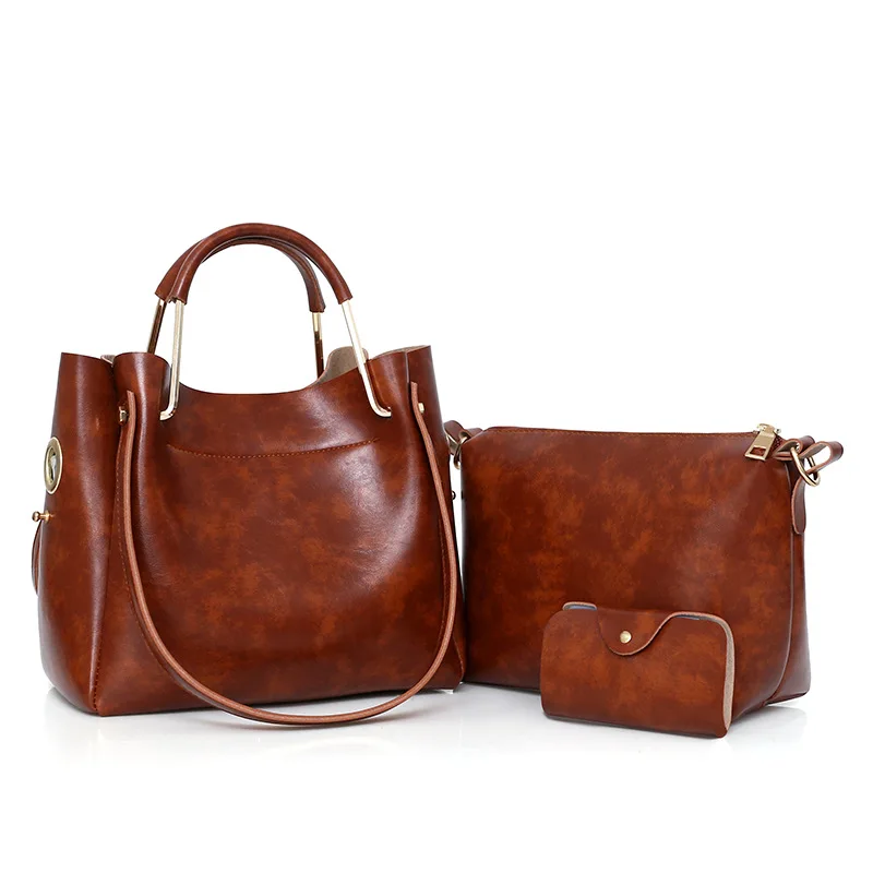 

2018 New Style WOMEN'S Fashion Handbag Three-piece Set Retro Versatile Crossbody Bag Simple Oil Wax Leather Hand Tote Bag
