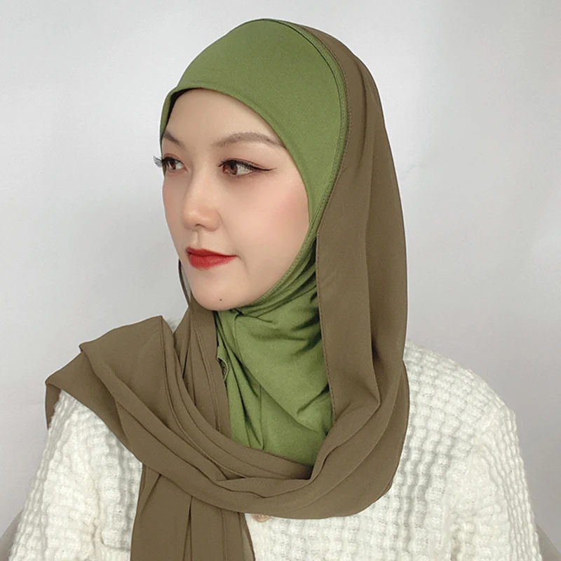 Chiffon Hijab With Bonnet Elastic Cap 