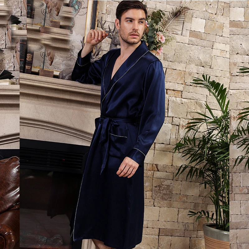 Batas de seda auténtica para hombre, ropa de dormir sencilla de manga ropa casa informal, elegante, a la moda, novedad de 100%|Conjuntos de - AliExpress