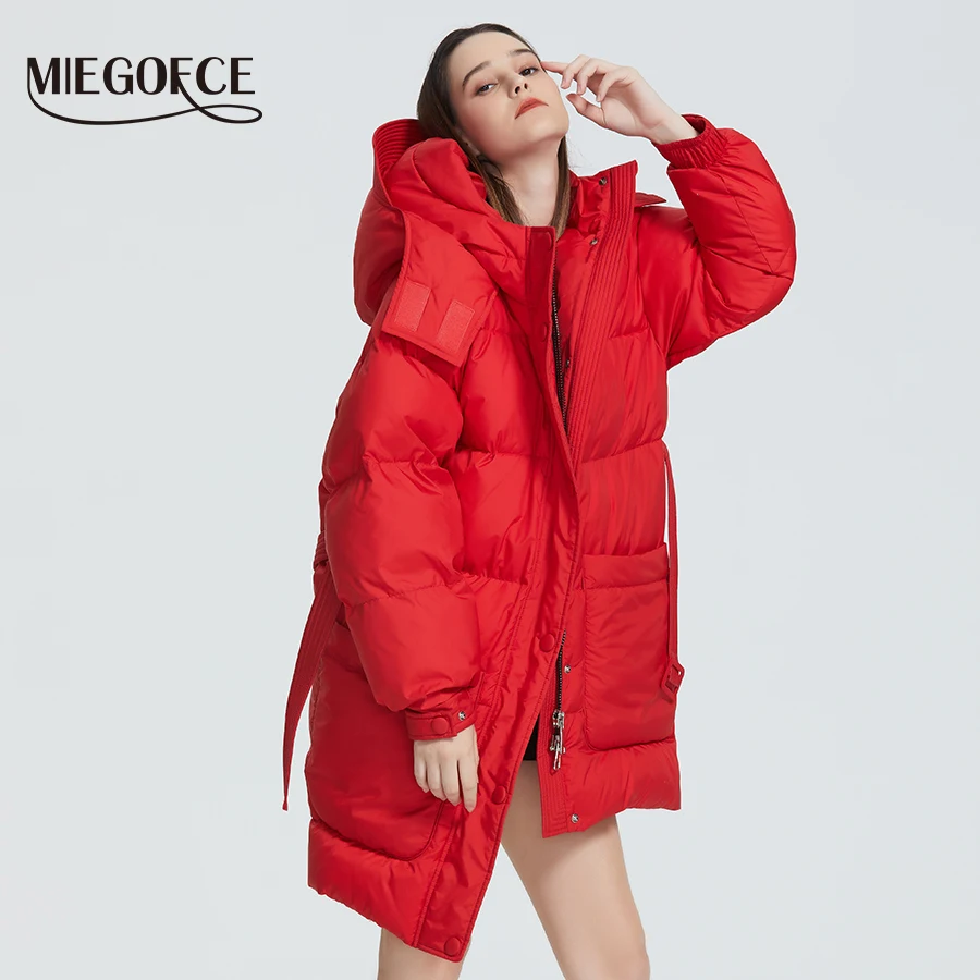 Koop Miegofce 2019 Nieuwe Ontwerp Winter Jas Womens Parka Geïsoleerde Losse Cut Met Patch Zakken Casual Losse Jas Stand Kraag Hooded